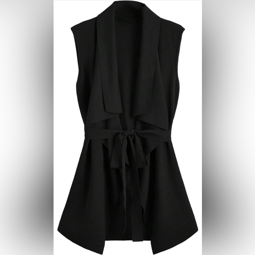 SOLY HUX Sleeveless Lapel Open Front Vest Belted Cardigan